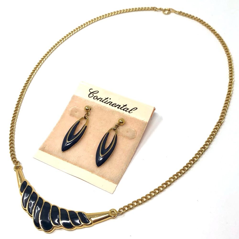 Vintage 1980s Continental enamel and goldtone necklace and pierced earrings